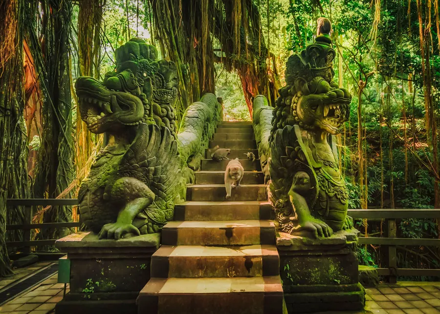 A moss-covered stairway in the Sacred Monkey Forest of Ubud, Bali, flanked by large, intricately carved stone dragon sculptures.