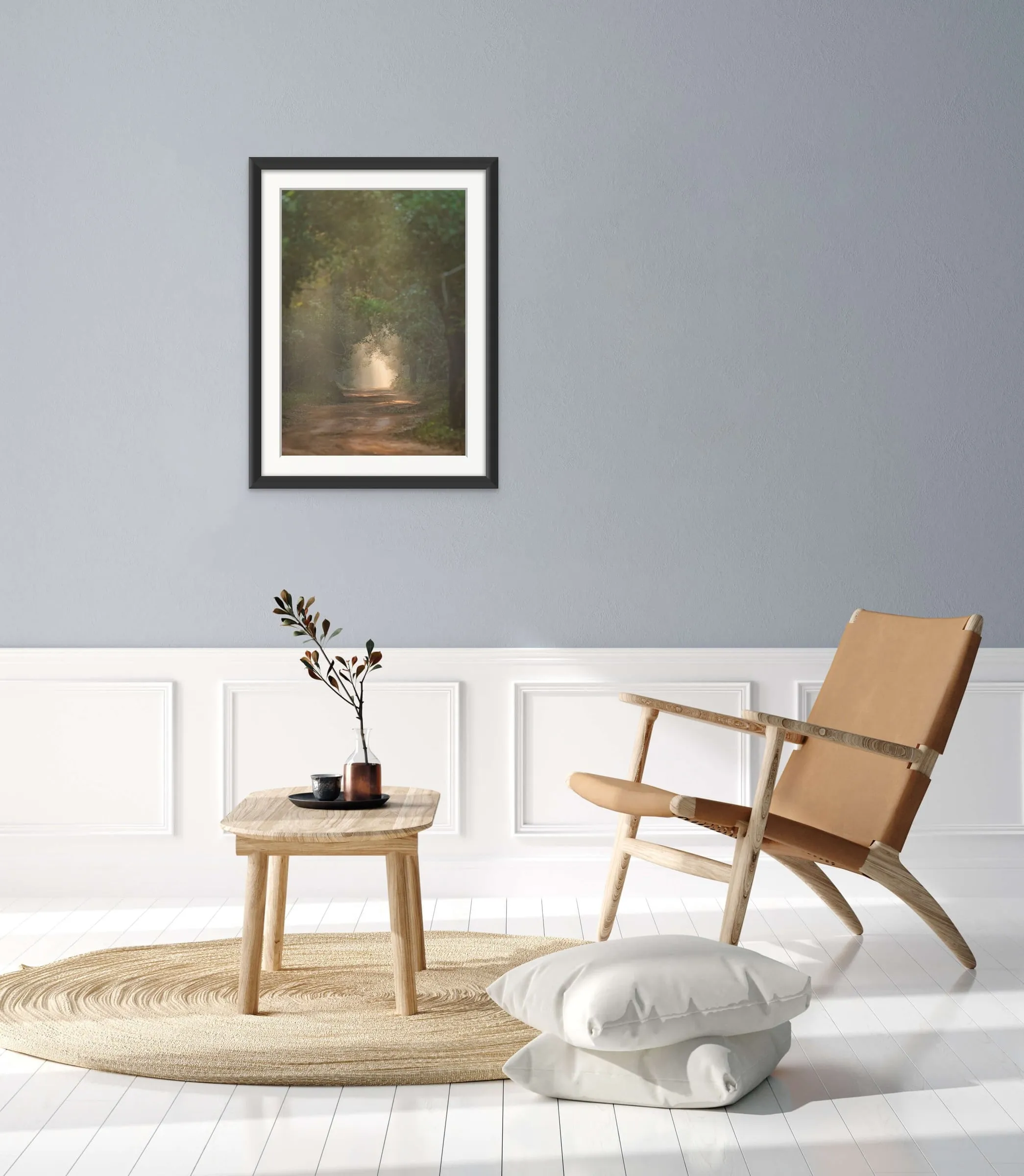 Mystical Morning in the Forest shown framed on a wall.