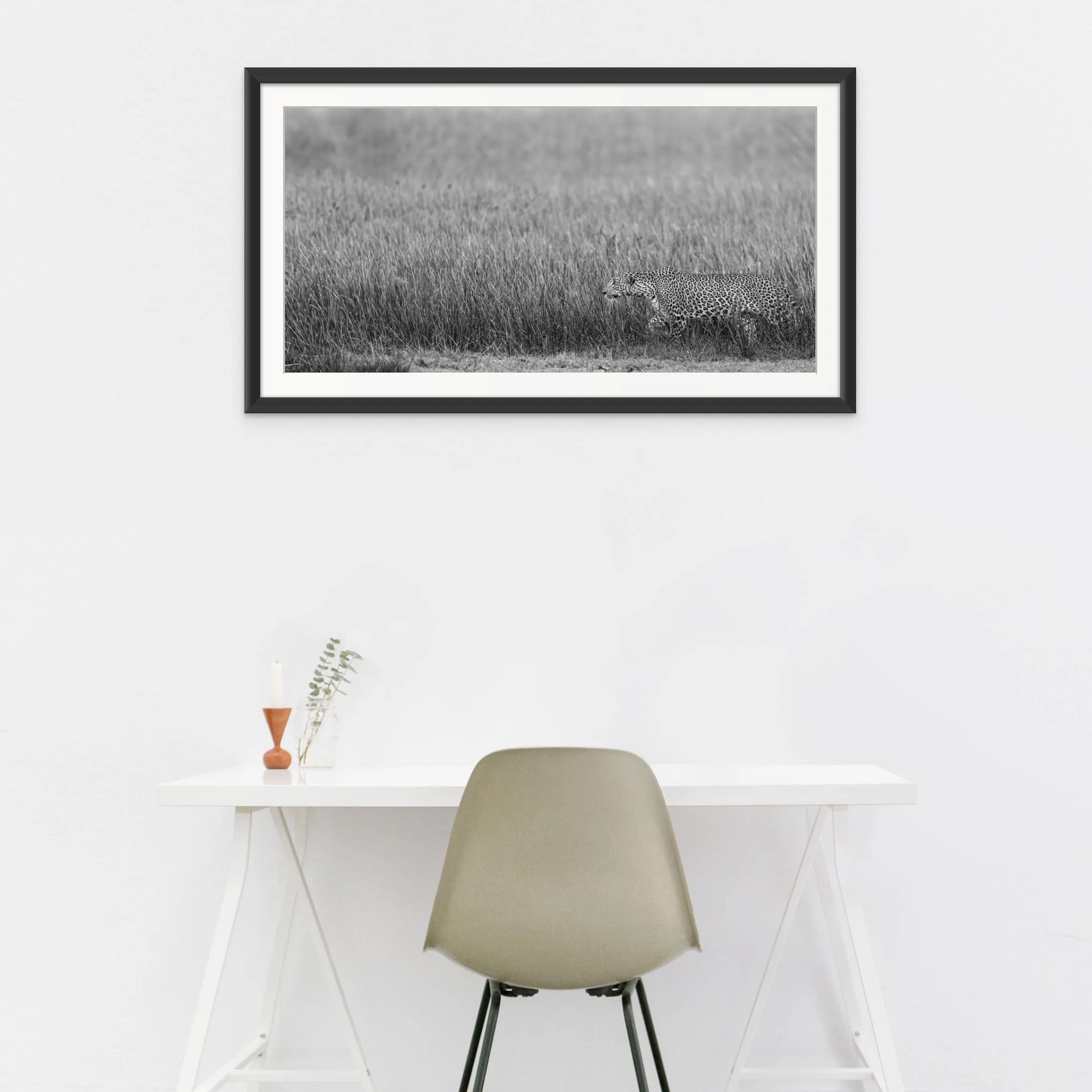 Monochrome Savannah Stalker shown framed on a wall.